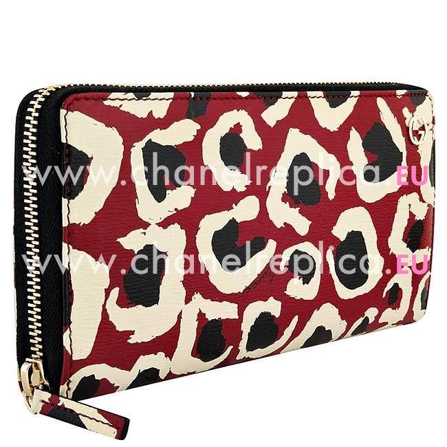 Gucci Leopard Print Calfskin Zipper Wallet In Red G7041105