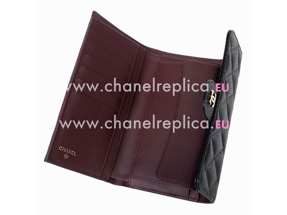 Chanel Classic Gold CC Caviar Long Wallet Black Gold C31506