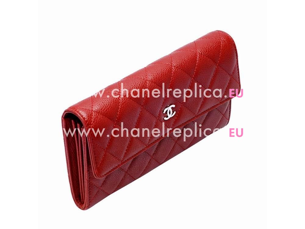 Chanel Caviar Silver CC Long Wallet In Red A51877