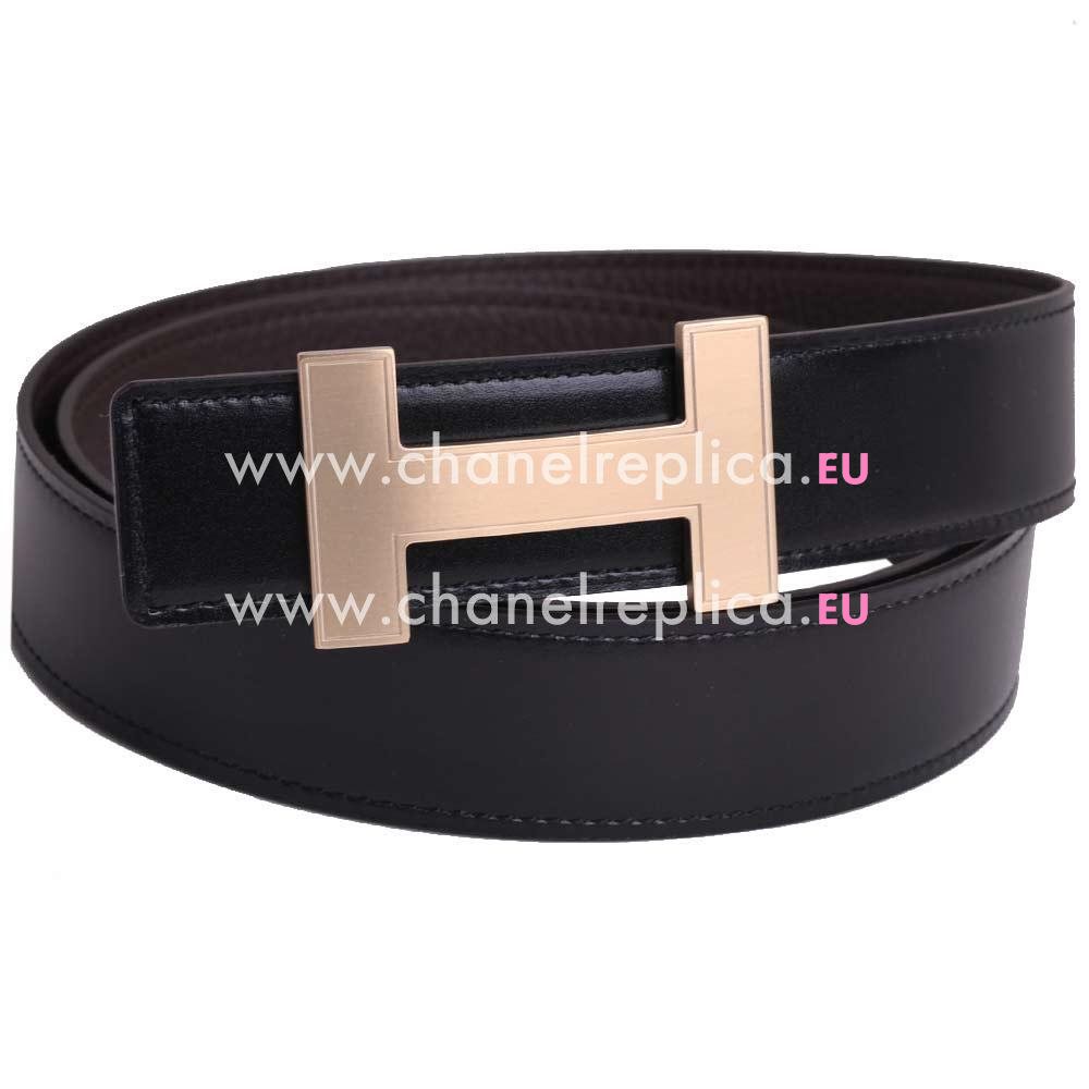 Hermes Gold H Buckle Black Togo and Coffee Box Leather Two-sided Belt H052009