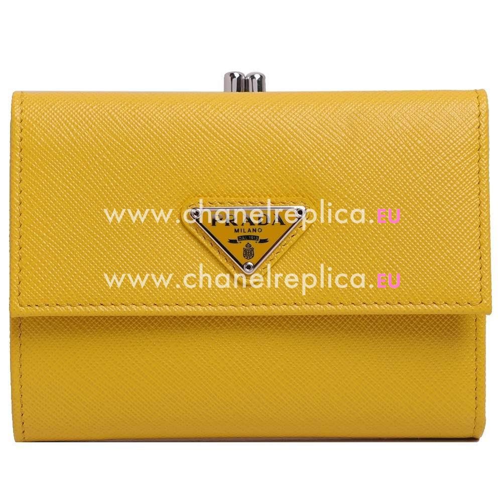 Prada Saffiano Triang Embossment Logo Cowhide Loose Change Wallet In Light Yellow PR61017026