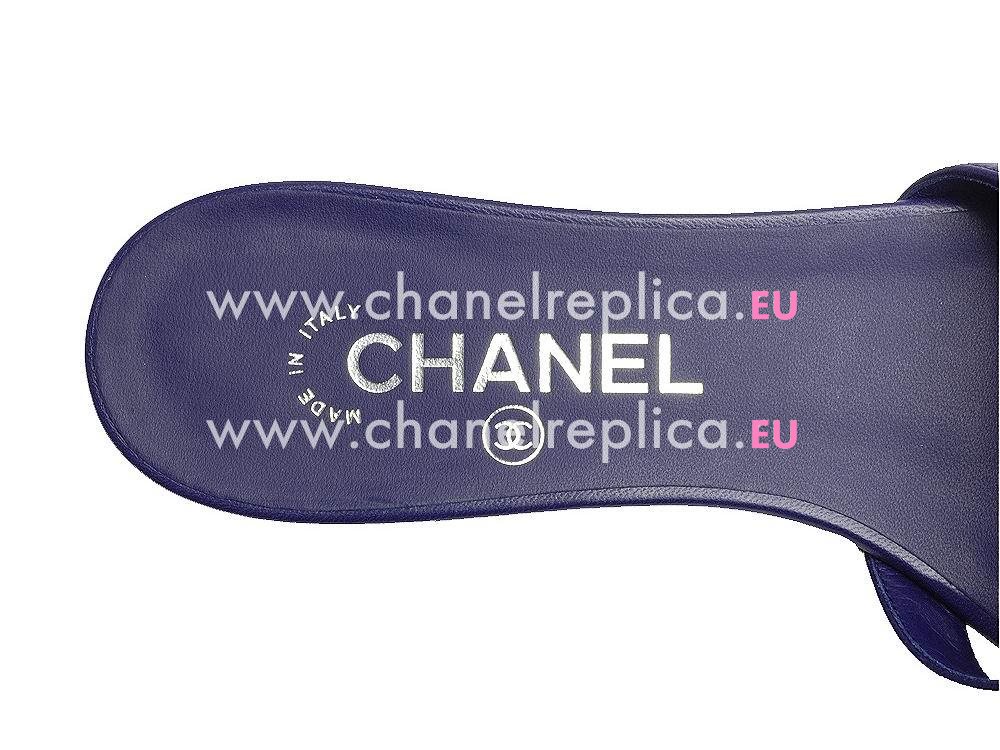Chanel Classic Camellia Silver CC Lambskin Slipper Navy G30768