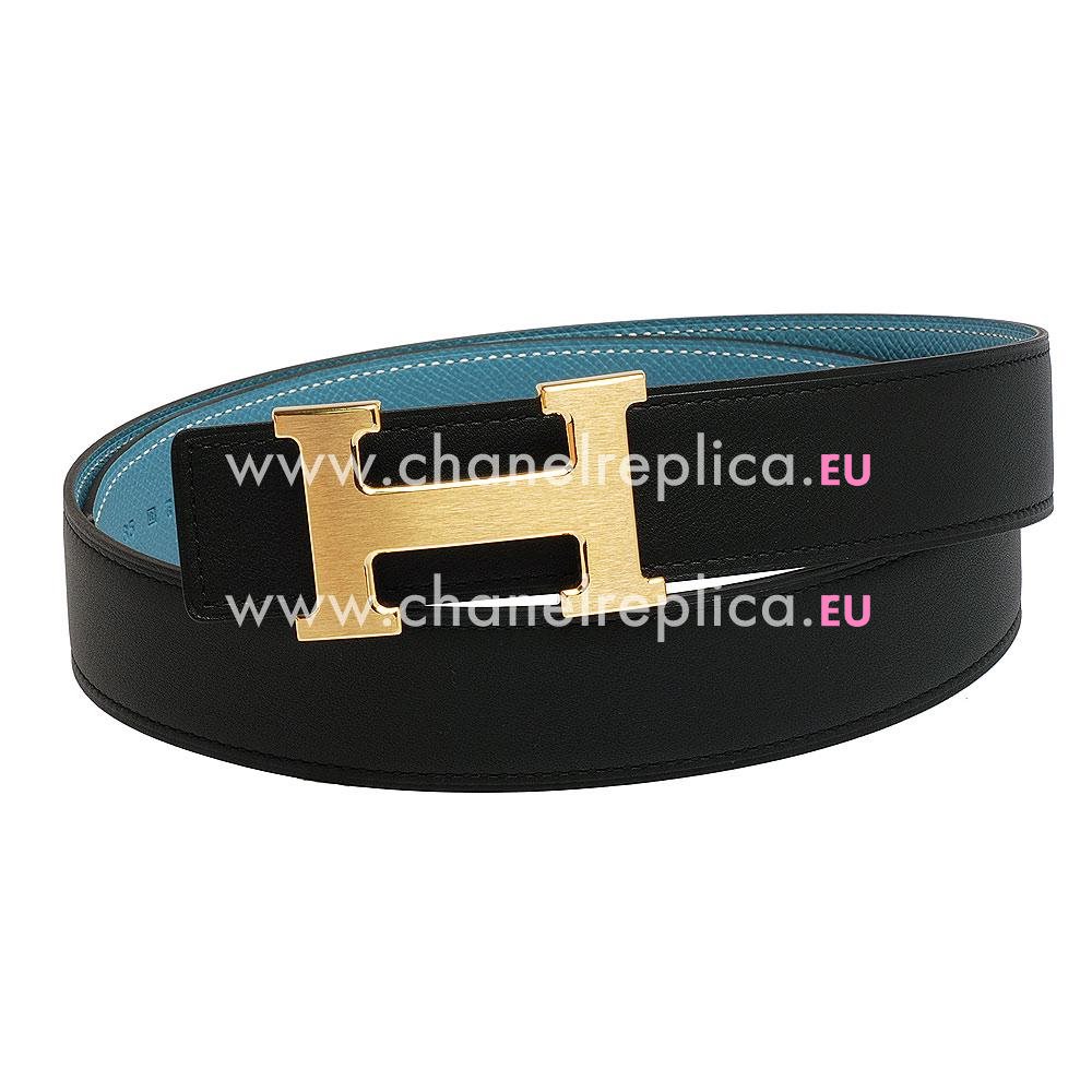 Hermes Gold H Buckle Black-Sky blue Calfskin-Epsom Two-sided Belt H559N10