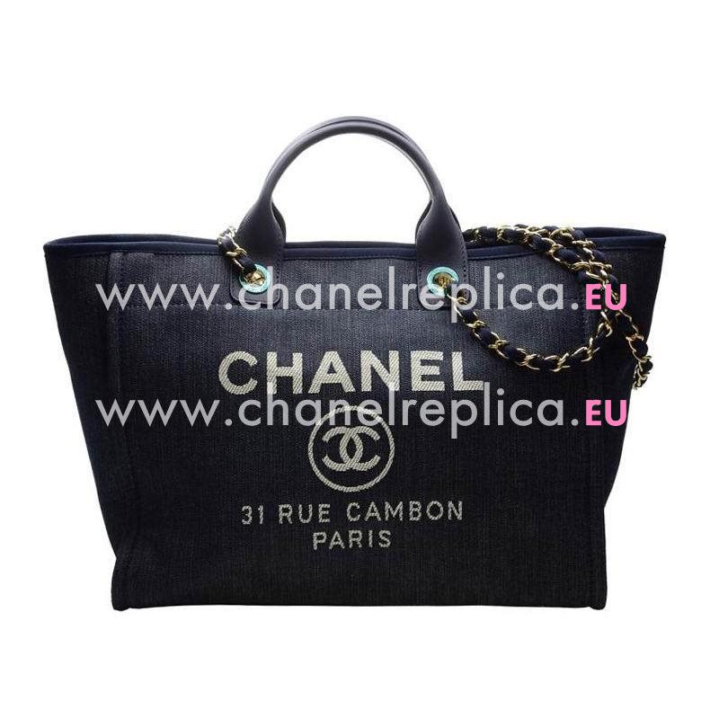 Chanel Blue Denim Canvas Gold Chain Large Toile Shopping Bag A66941BLUEG