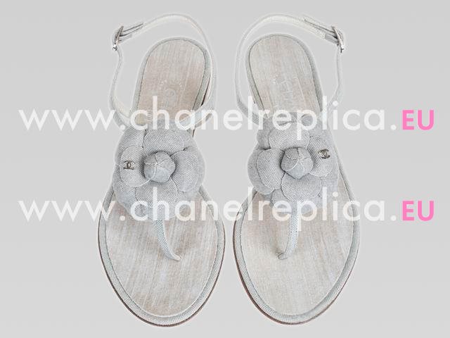 Chanel Golden CC Denim Camellia Sandals In Gray CH44281