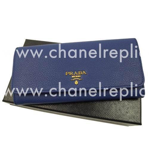 Prada Saffiano Gold Embossment Logo Caviar Cowhide Wallet In Blue PR61017045