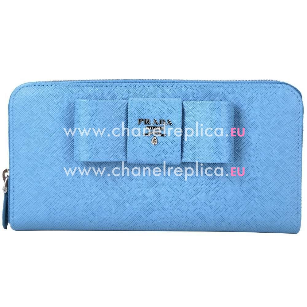 Prada Saffiano Fiocco Embossment Logo Cowhide Zipper Wallet In Water Blue PR61017016