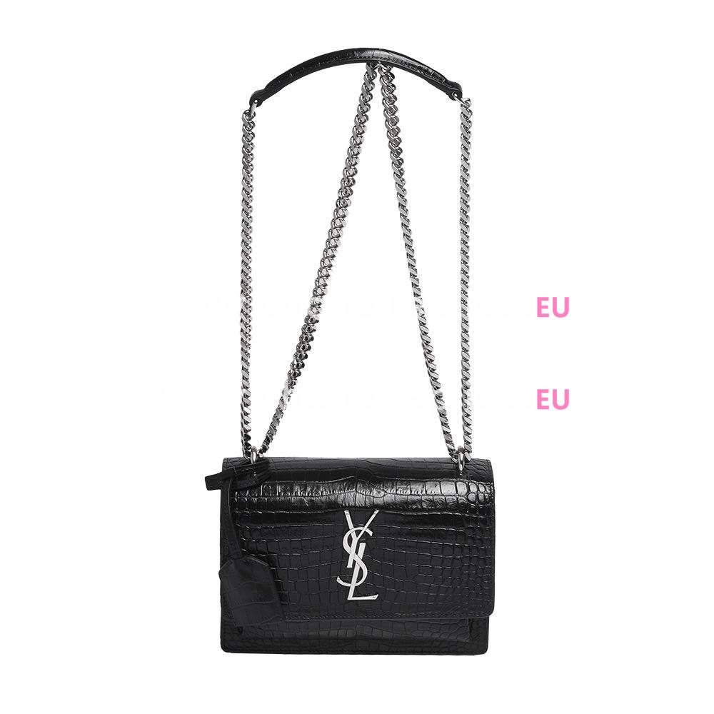 Yves Saint Laurent Silver Logo Crocodile Shoulder Bag Black YV947153