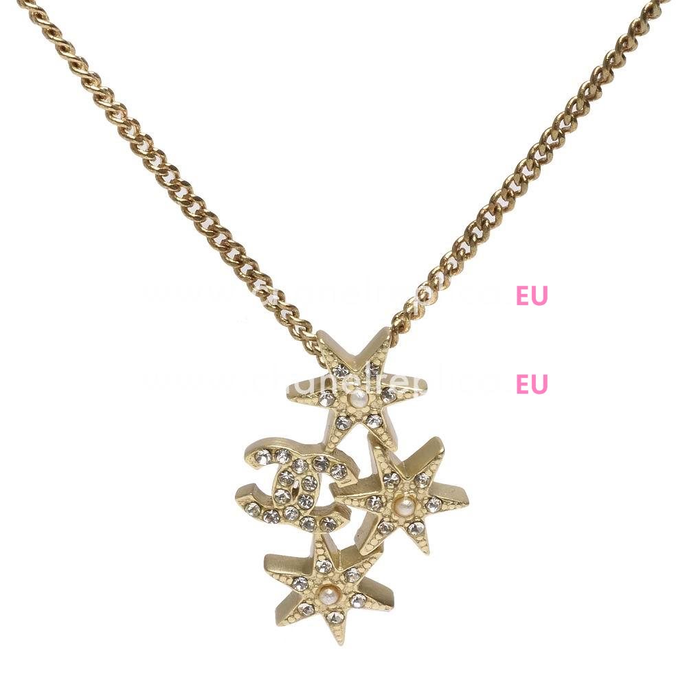 Chanel Classic CC Logo Star Crystal Necklace Gold Color FA985569