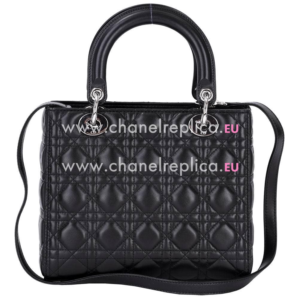 Christian Dior Lady Dior Lambskin Medium Bag Black Silver Hardware D6C8717
