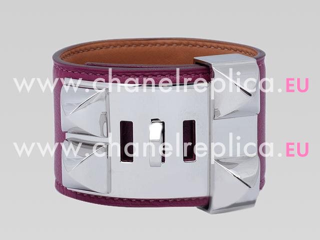 Hermes Goat Skin Collier De Chien Rivets of Metal Bracelet Purple&Silver HE08522