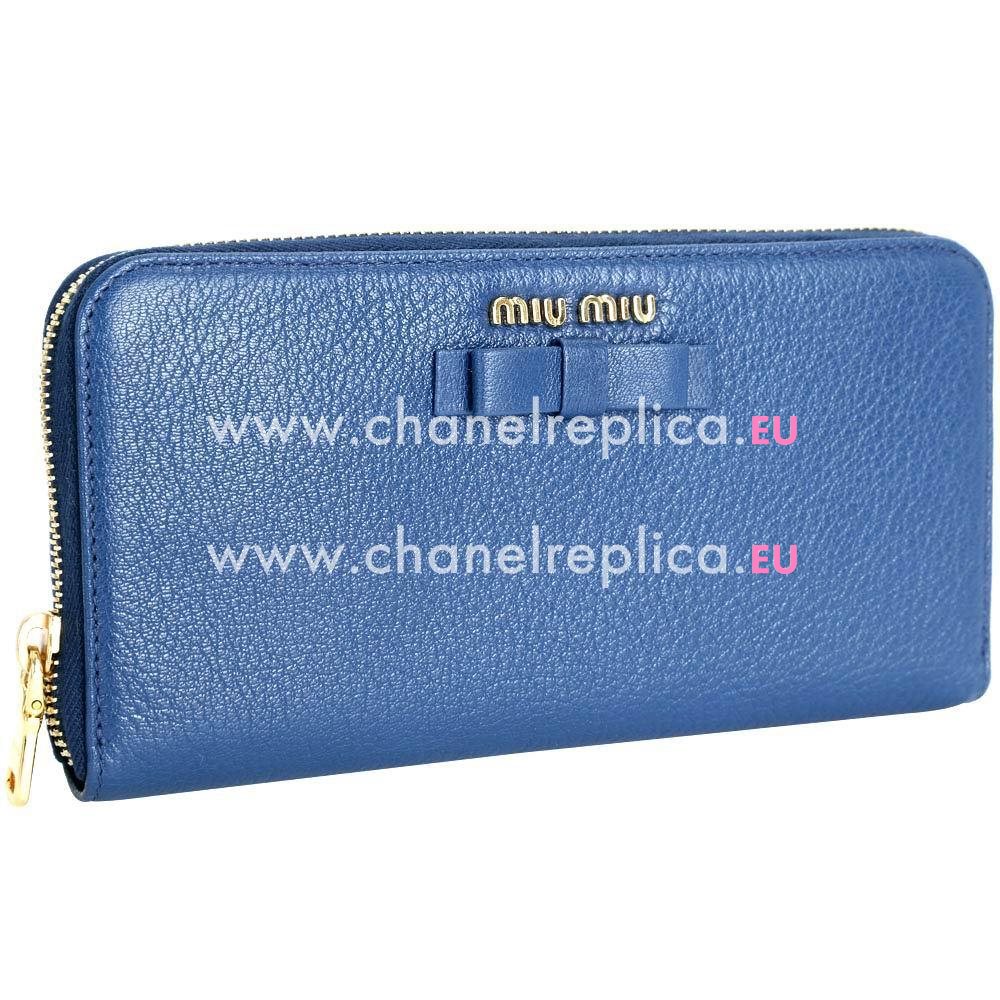 Miu Miu Madras Bowknot Nappa Zipper Wallet In Blue M7031402