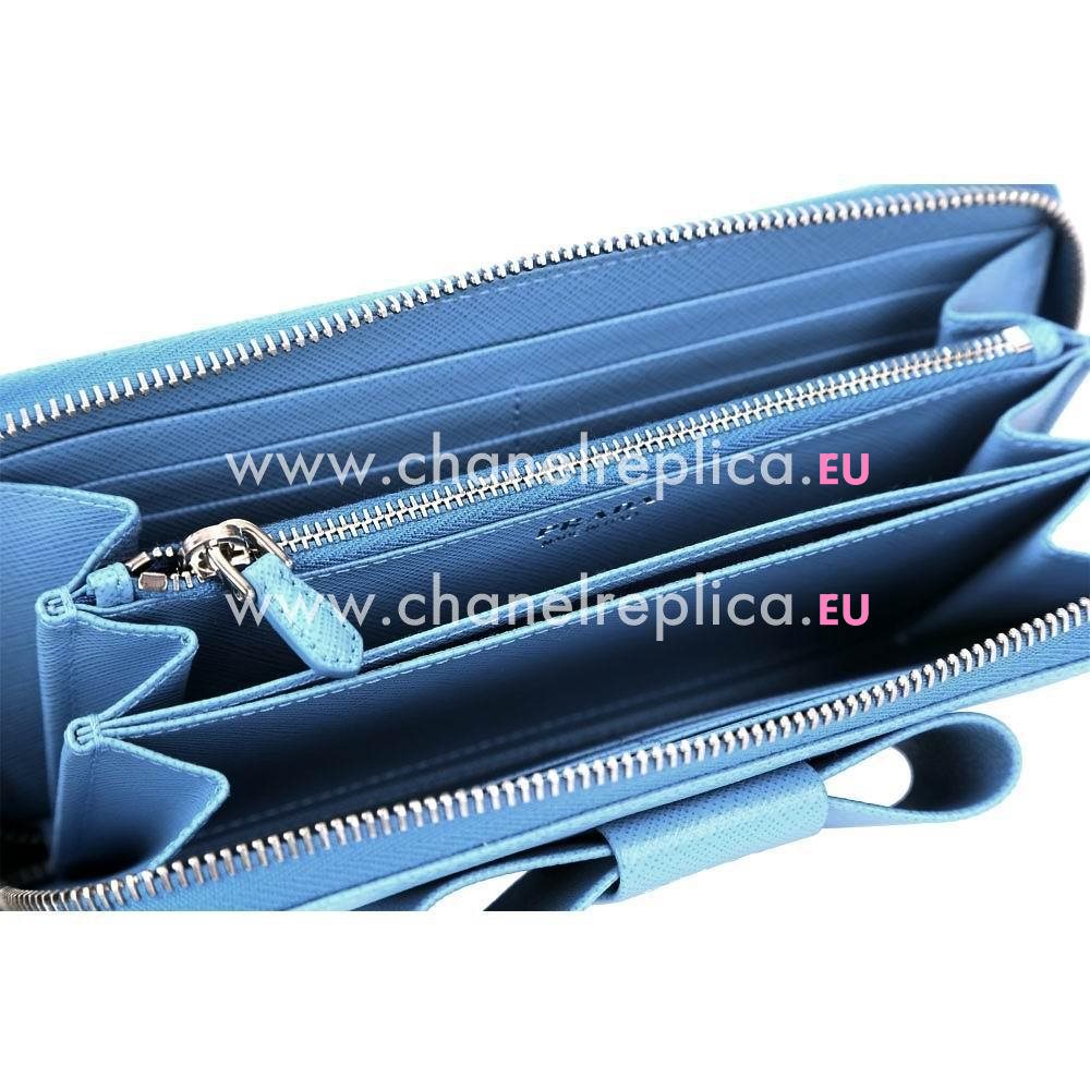 Prada Saffiano Fiocco Embossment Logo Cowhide Zipper Wallet In Water Blue PR61017016