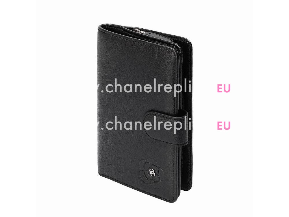 Chanel Lambskin Camellia Silver CC Wallet Black C74445