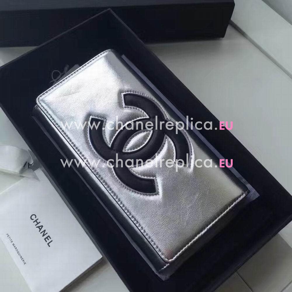 Chanel CC logo Calfskin Long Wallet Silvery C6120610