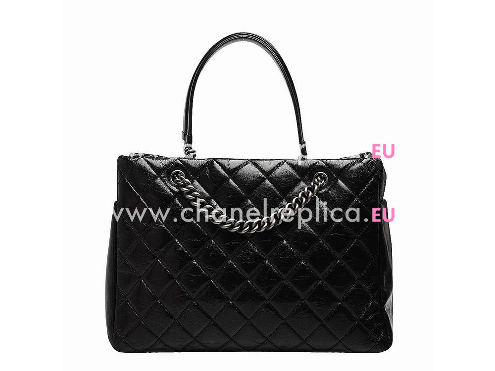 Chanel Shiny Calfskin Quilted Anti-Silver Shoulder Bag Black A560780