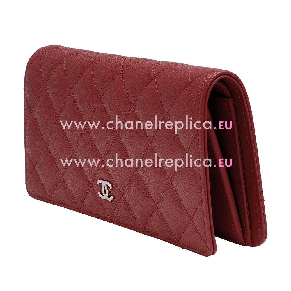 Chanel Caviar Silver CC Long Wallet In Red C56564