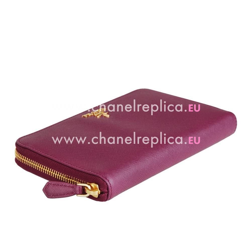Prada Saffiano Classic Gold Embossment Logo Cowhide Zipper Wallet In Purple PR61018013