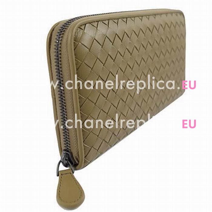 Bottega Veneta Classic Weave Zipper Nappa Wallet In Khaki B6110706