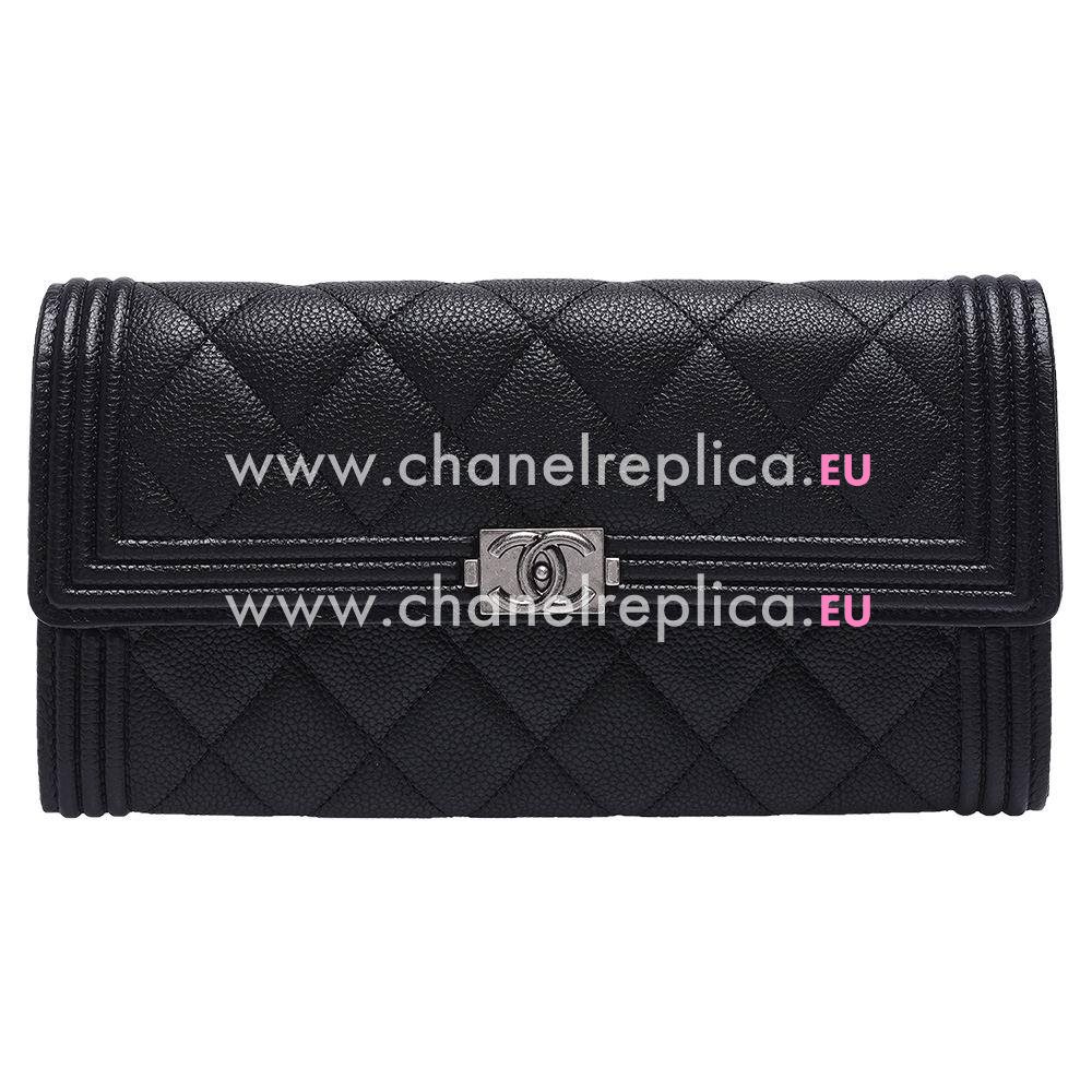 Chanel Caviar Anti-silver Lock 3Layers Boy Long Wallet Black C661779