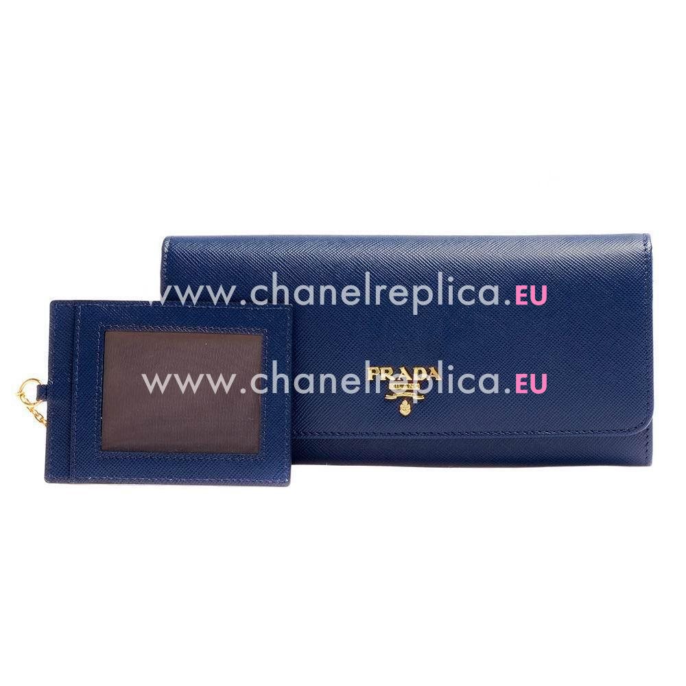 Prada Saffiano Gold Embossment Logo Cowhide Wallet In Deep Blue PR5974259