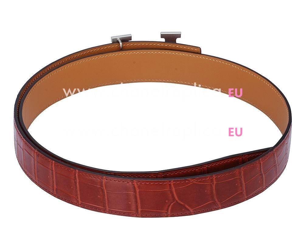 Hermes Big Silver H Logo Red-Coffee Crocodile Belt H495812