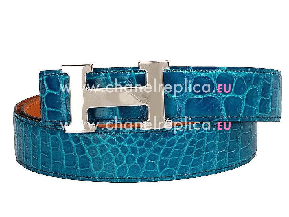 Hermes Big Silver H Logo Turkey Blue Crocodile Belt H535228