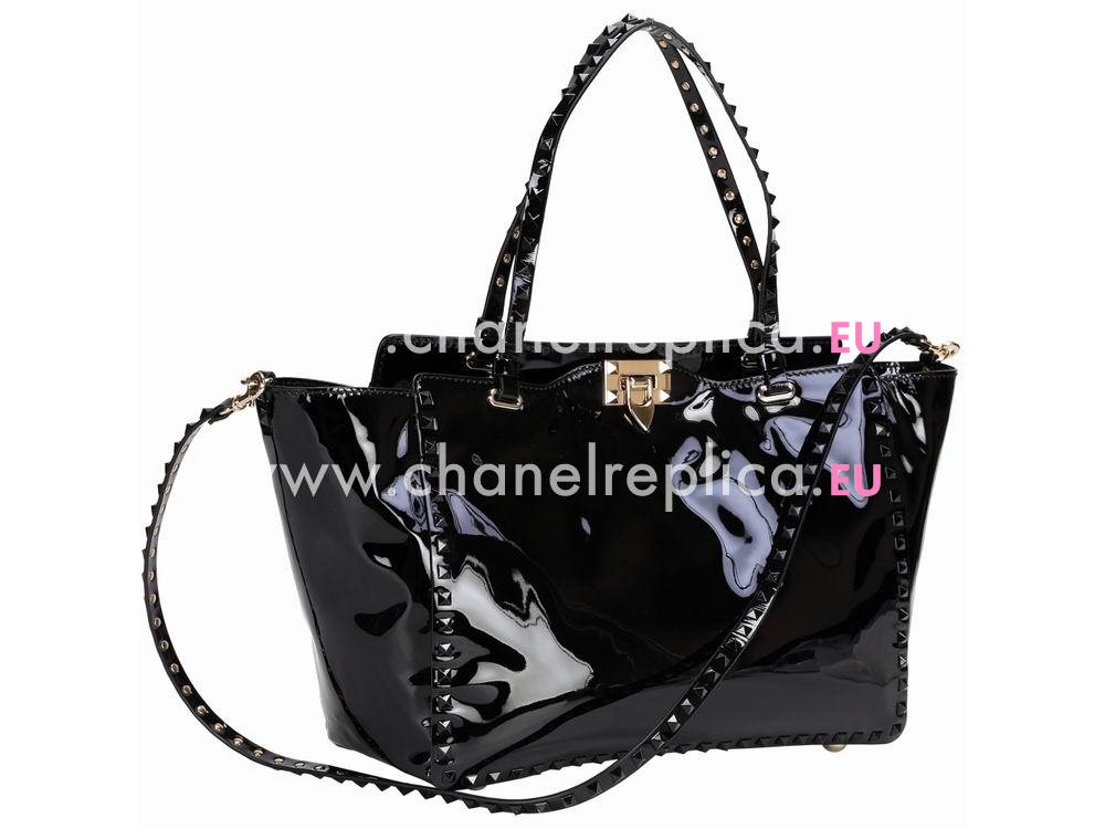 Valentino Rockstud Patent Medium Handbag Black VA53536