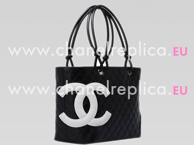 Chanel Cambon Lambskin Tote Bag Black With White CC A25169-B