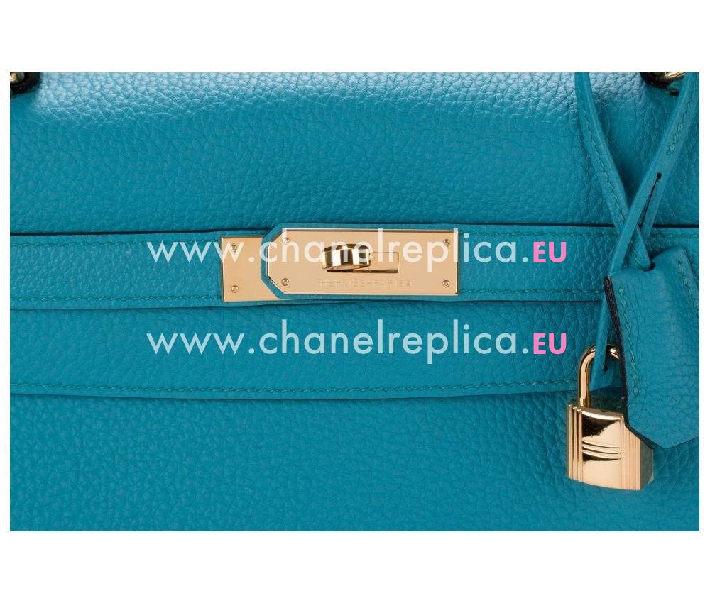 Hermes Kelly 32cm Blue Paon Clemence Leather Gold Hardware Handbag HK1032HCL