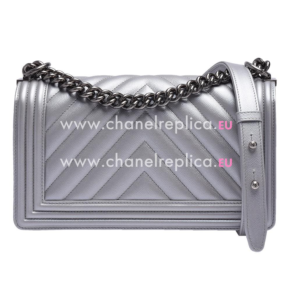 Chanel Caviar Chevron Leboy Bag Anti-Silver Chain Silvery A90789