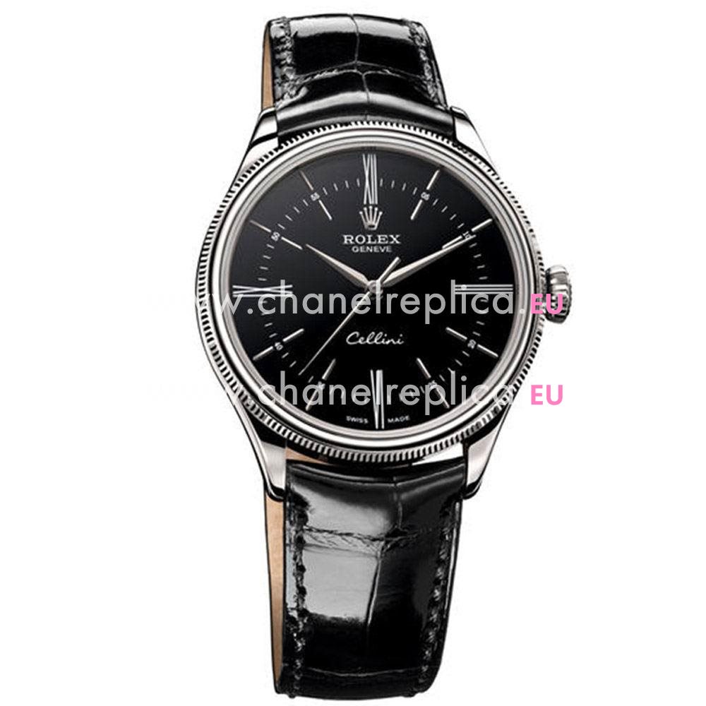 Rolex Cellini Time Automatic 39mm Crocodile Stainless Steel Watch Black R7030709