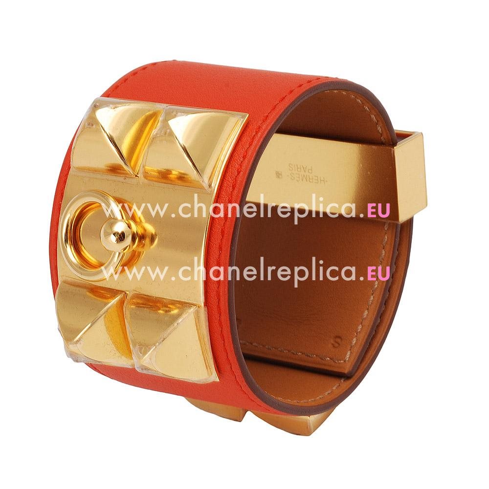 Hermes Goat Skin Collier De Chien Rivets of Metal Bracelet Orange Red/Gold HC41174