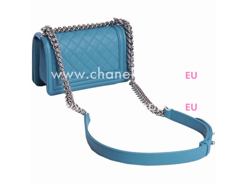 Chanel Lambskin Antique-Silver Chain Boy Mini Bag Bleu A67086