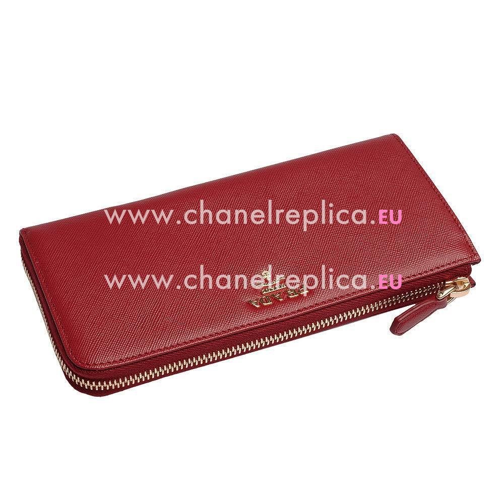 Prada Saffiano Fiocco Embossment Logo Cowhide Zipper Wallet In Red PR31017018