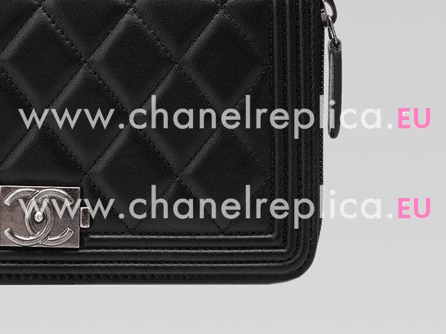 Chanel Boy Lambskin Antique-Silver Zipper Wallet Black A40038