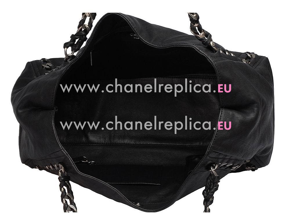 Chanel CC Logo Cowhide Shop Tote Bag Black(Silver) A53187