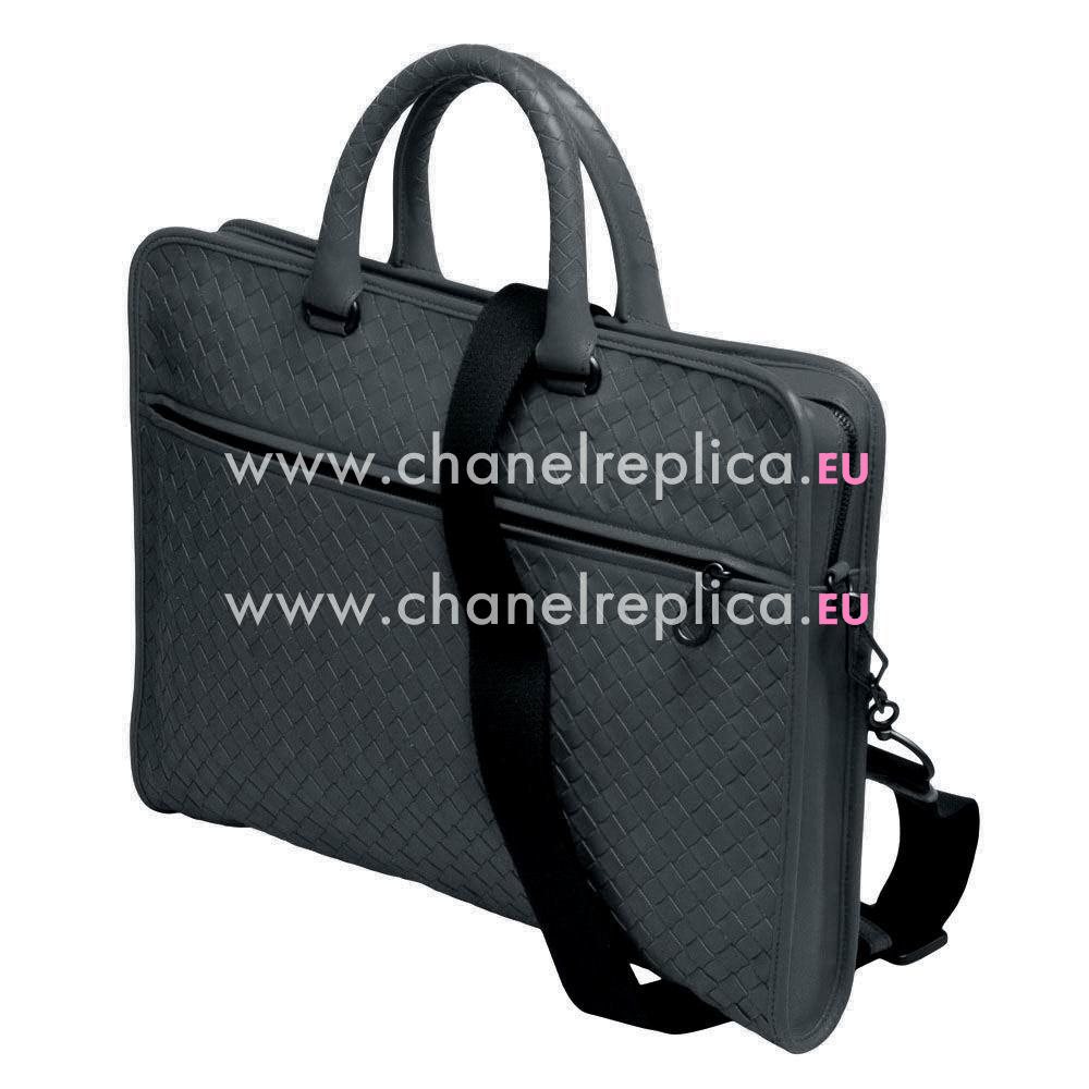 Bottega Veneta Classic Calfskin Leather Woven Briefcase Dark Gray B6110301