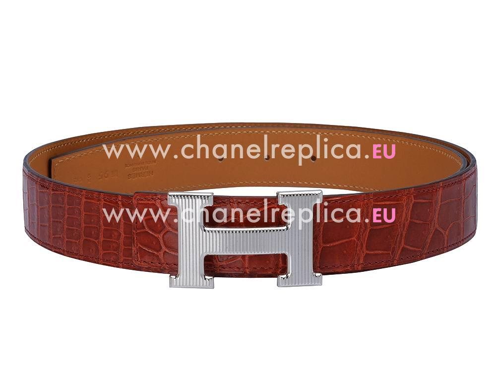 Hermes Big Silver H Logo Red-Coffee Crocodile Belt H495812