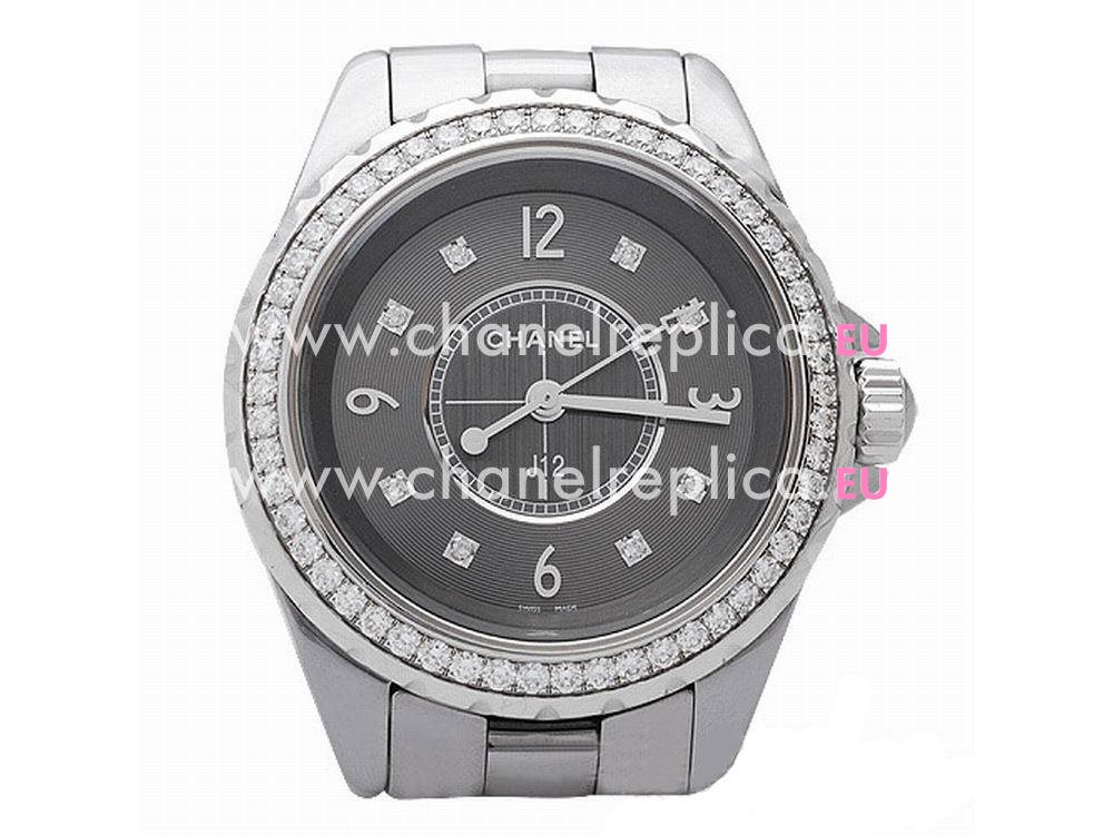 Chanel J12 Quartz Grey Ceramic Full Diamond Dress Watch H2565