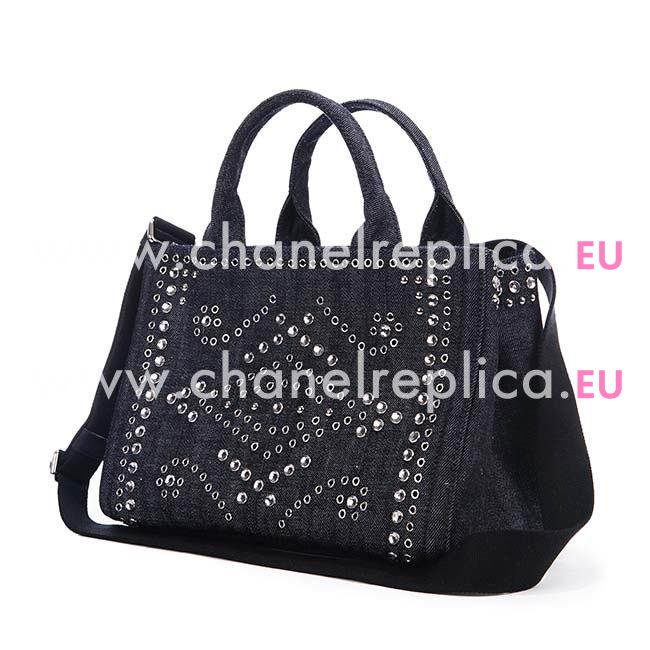 Prada Canapa Stampata Triangle Logo Denim Canvas Bag Black PR5312945