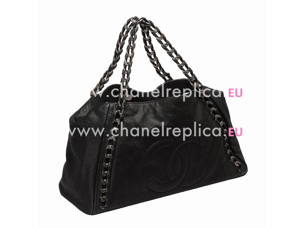 Chanel CC Logo Cowhide Shop Tote Bag Black(Silver) A53187