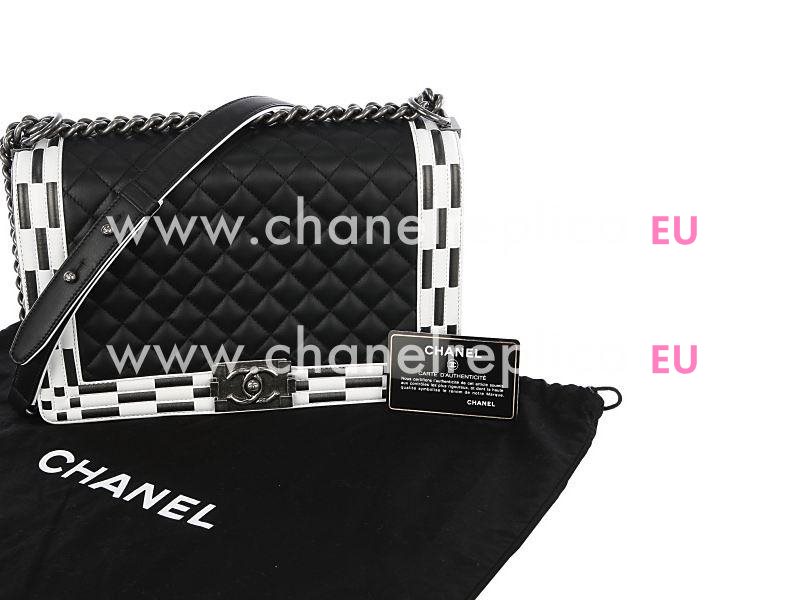 Chanel Hounds-tooth Calfskin Anti-silver Chain 25cm Boy Bag Black A92203