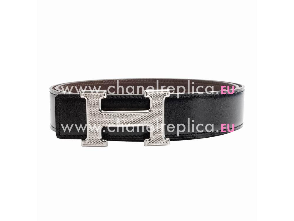 Hermes Silver H Buckle Choclate Black Calfskin Two-sided Belt H209299