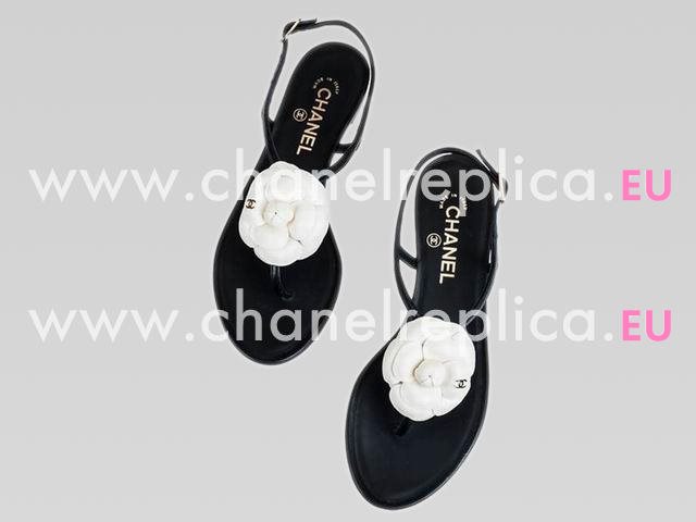 Chanel Golden CC White Camellia Sandals In Black CH44392