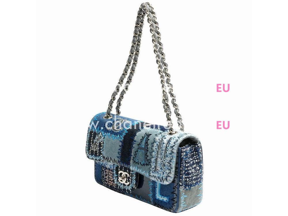 Chanel Denim Patchwork Flap Bag With Silver Chain (blue) A65468