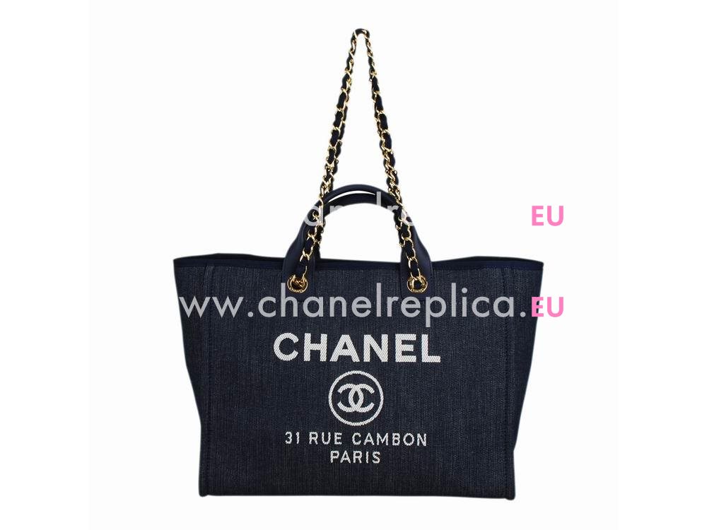 Chanel Blue Denim Canvas Gold Chain Large Toile Shopping Bag A66941BL