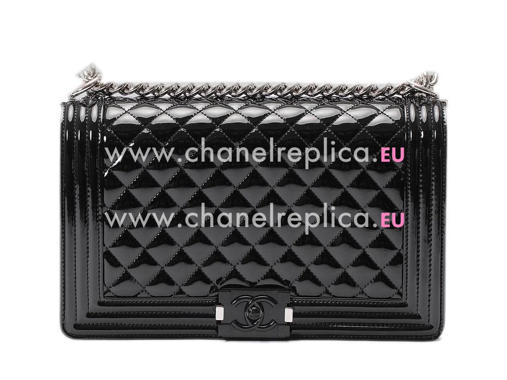 Chanel Patent Lambskin Silver Chain 28cm Boy Bag Black A92693