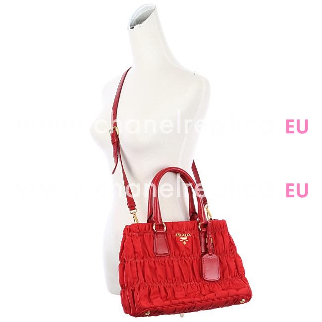 Prada Gaufre Ruffled Nylon Gold Logo Handbag In Red PBR4962