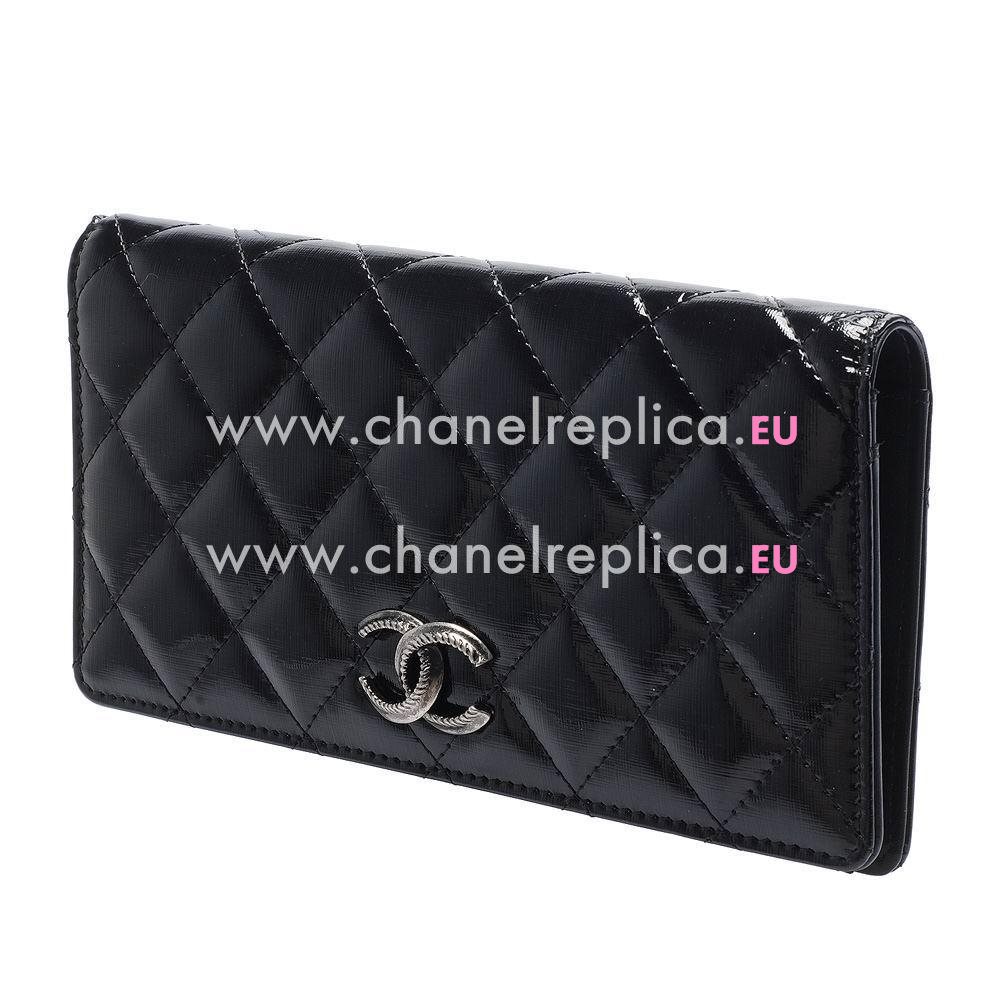 Chanel Patent Three-dimensional Relief Silver CC Long Wallet Black A957343
